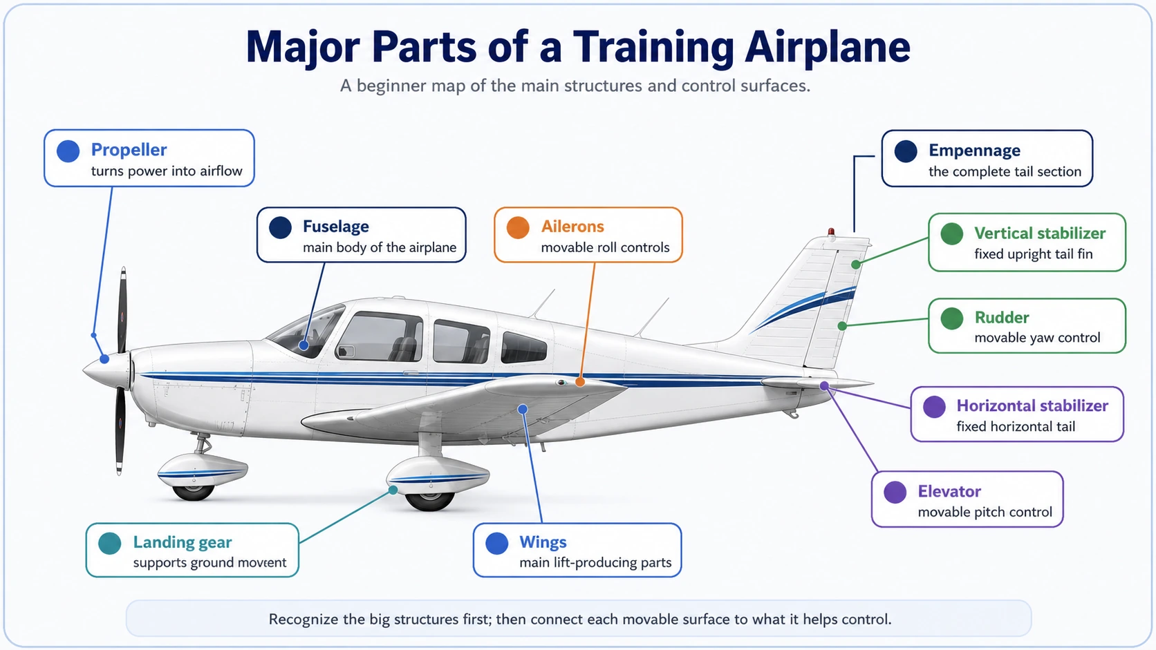 Labeled diagram of a small training airplane showing the fuselage, wings, empennage, vertical stabilizer, horizontal stabilizer, rudder, elevator, ailerons, landing gear, and propeller.